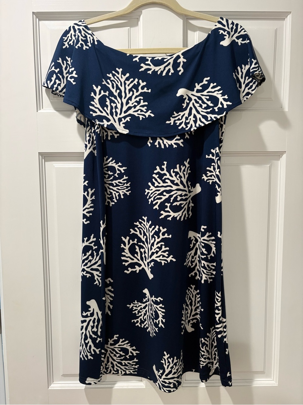 Escapada Navy and White Coral-Print Off-Shoulder Dress